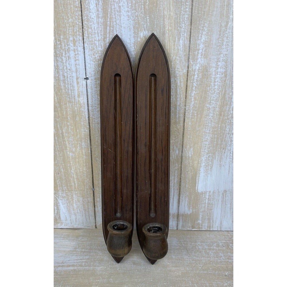 Pair Mid-Century Gothic Revival Fluted Wooden Wall Sconces Candle Holders